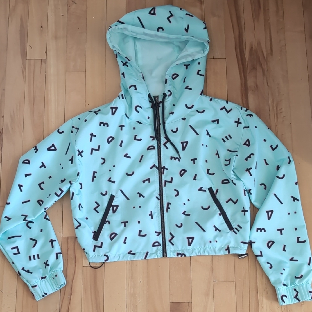Forever 21 Cropped Retro Style Neon Light Blue Windbreaker Women's Medium